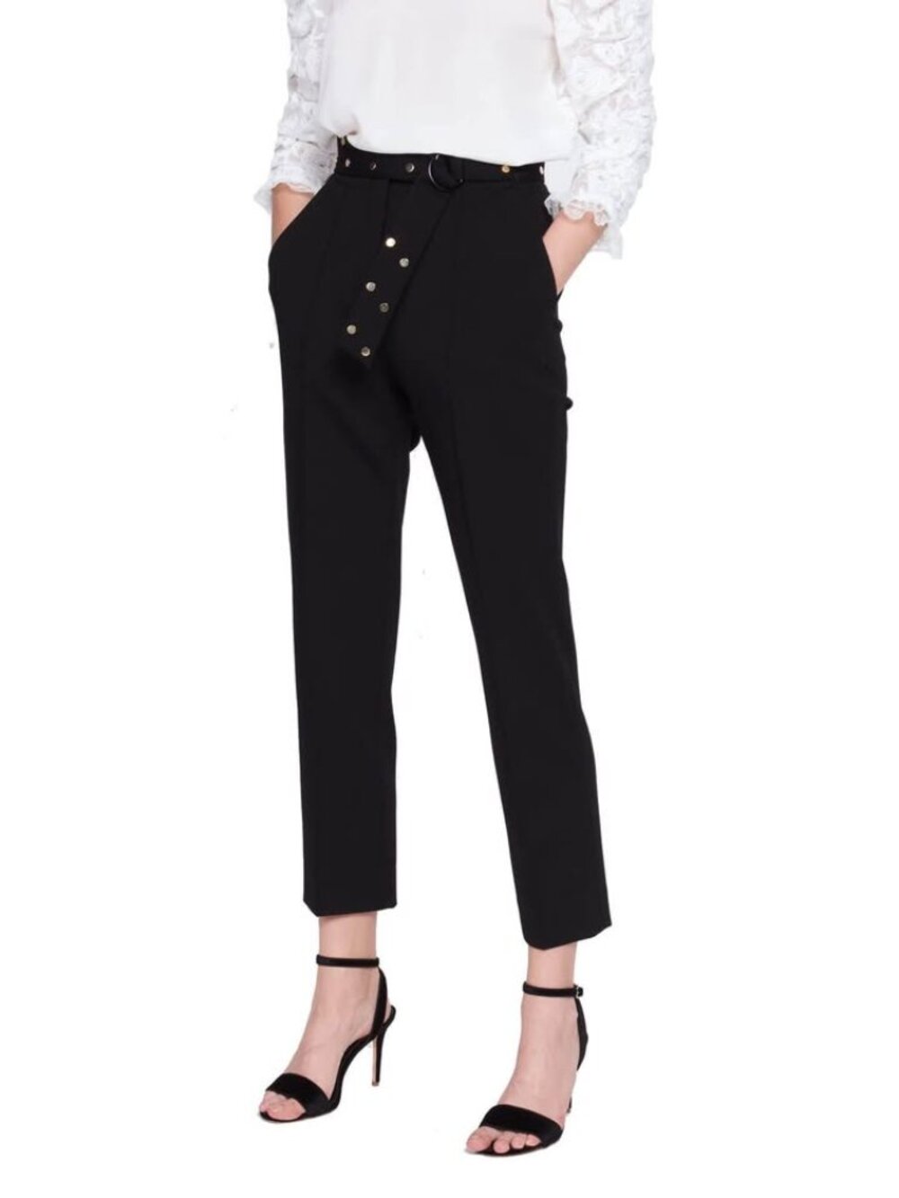 Sandro black straight-leg pants with studded belt size 36